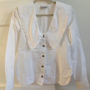 Ganni white cotton poplin v neck shirt XS, size 2